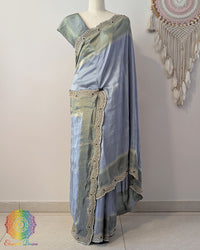 Grey soft tissue silk cutdana handwork saree open view