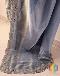 Grey soft tissue silk cutdana handwork saree palla view