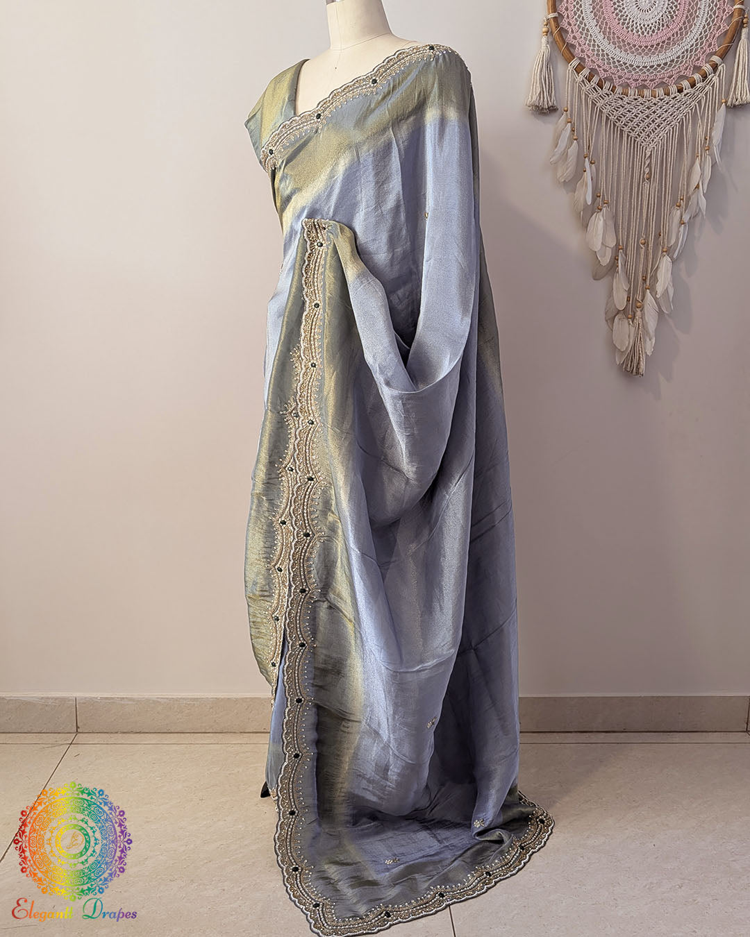 Grey soft tissue silk cutdana handwork saree palla drape view