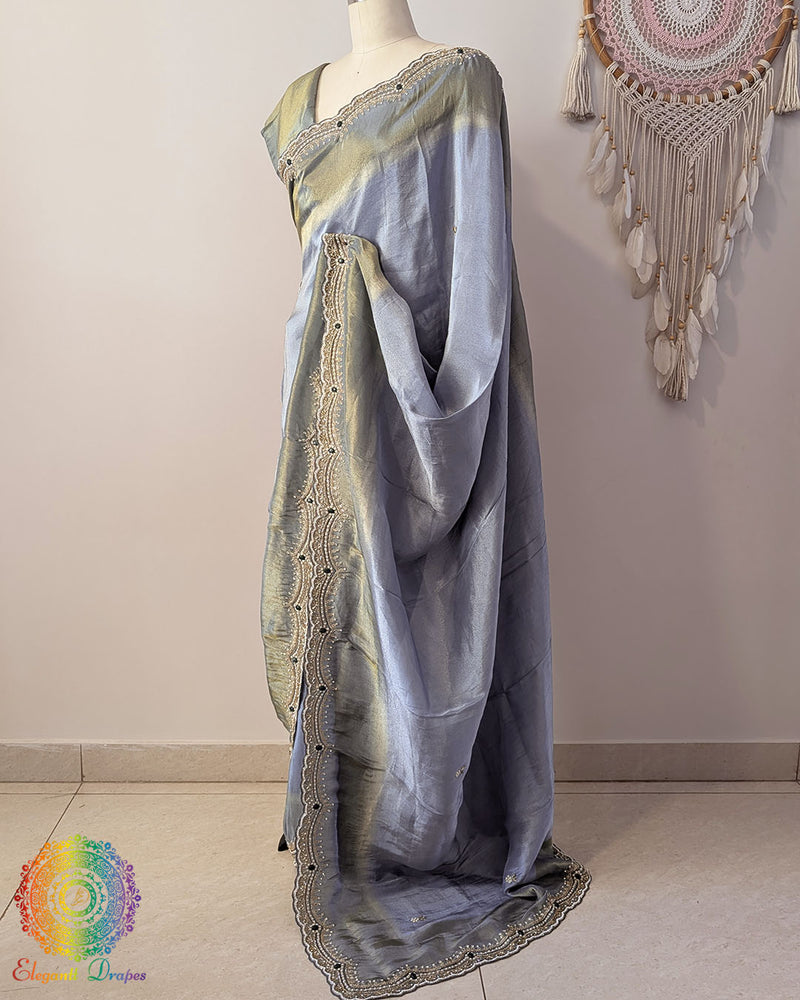 Grey soft tissue silk cutdana handwork saree palla drape view