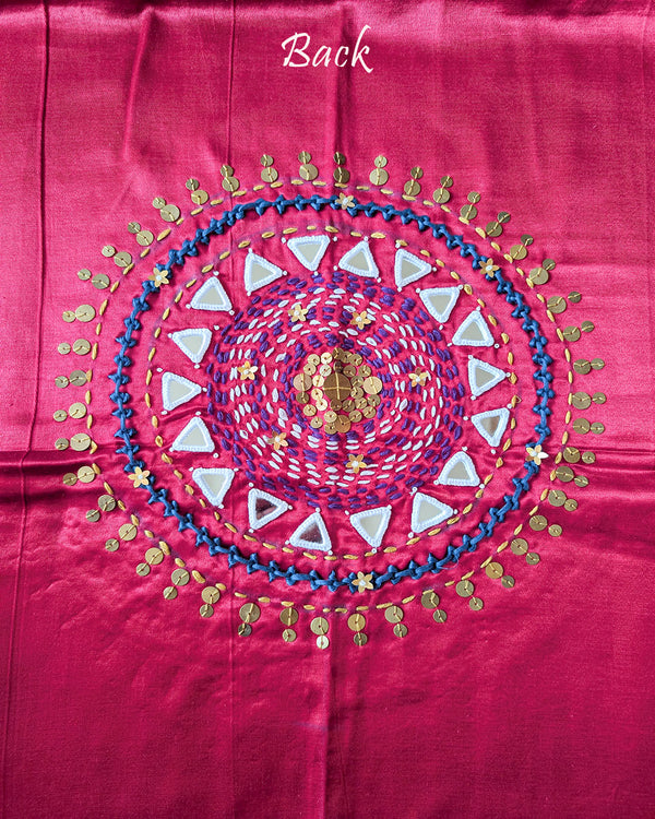 Back View of Hot Pink Mashru Silk Kutch Handwork Blouse Piece