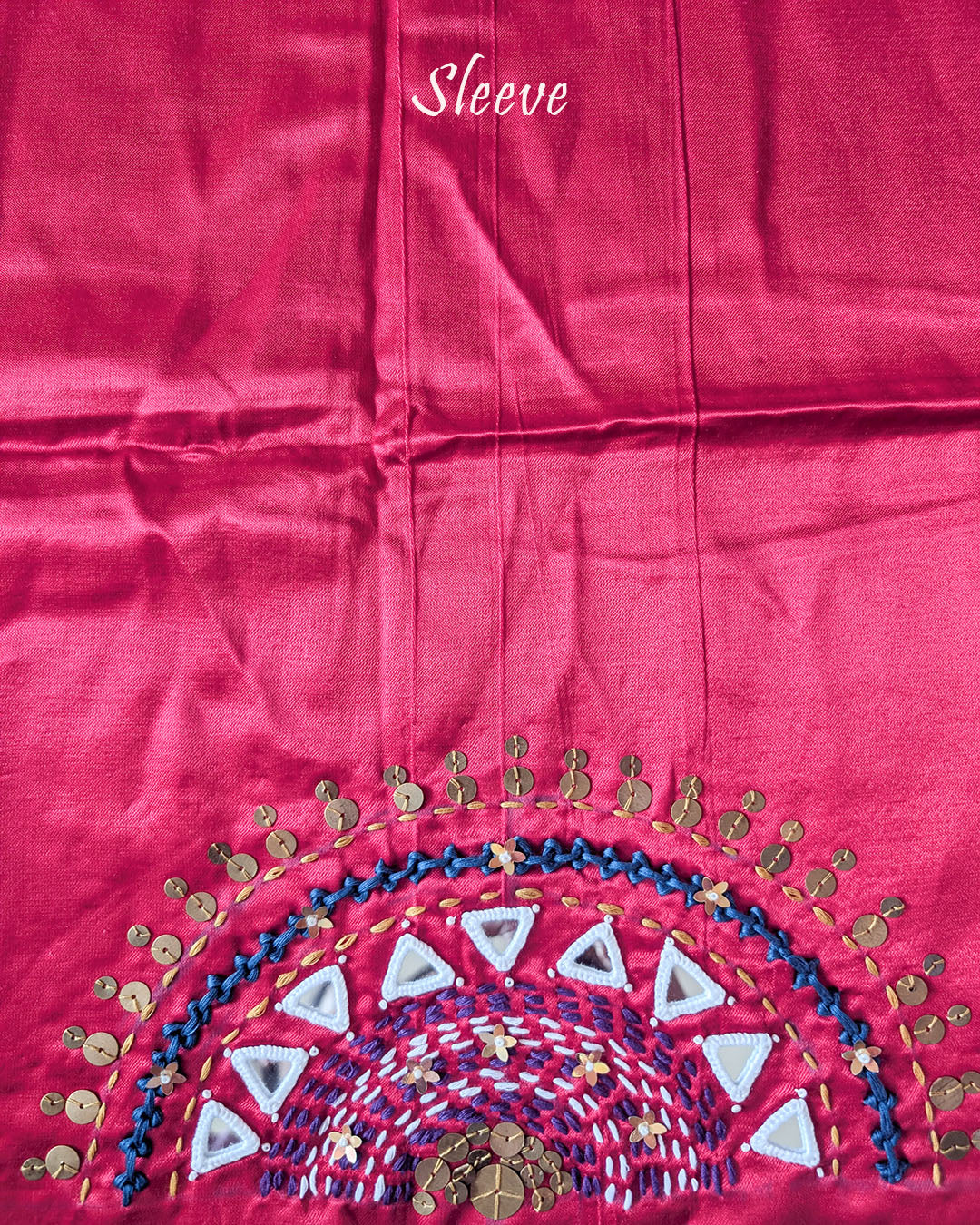 Sleeve Detail of Hot Pink Mashru Silk Blouse with Kutch Handwork, Mirrors and Sequins