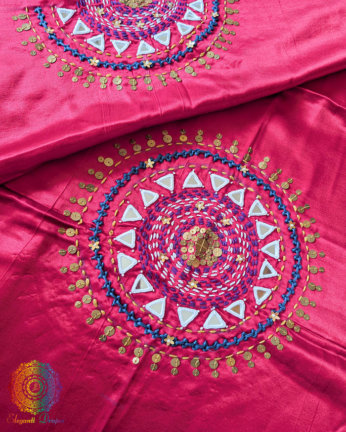 Hot Pink Mashru Silk Kutch Handwork Blouse Front View with Mirror and Sequin Work