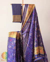 Indigo Blue Handwoven Mulberry Silk Patola Saree – Body Pattern Close-Up showcasing the traditional motifs across the saree body, highlighting the distinctive Rajkot Patola design and rich indigo blue silk base.