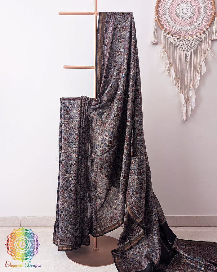 Indigo Blue Chanderi Ajrakh Saree full view