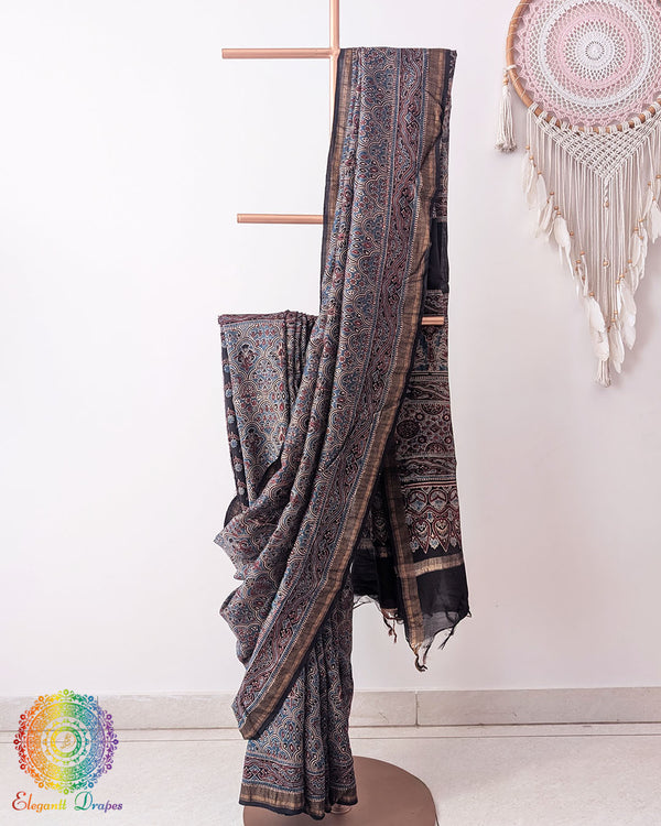 Indigo Blue Chanderi Saree with traditional Ajrakh motifs