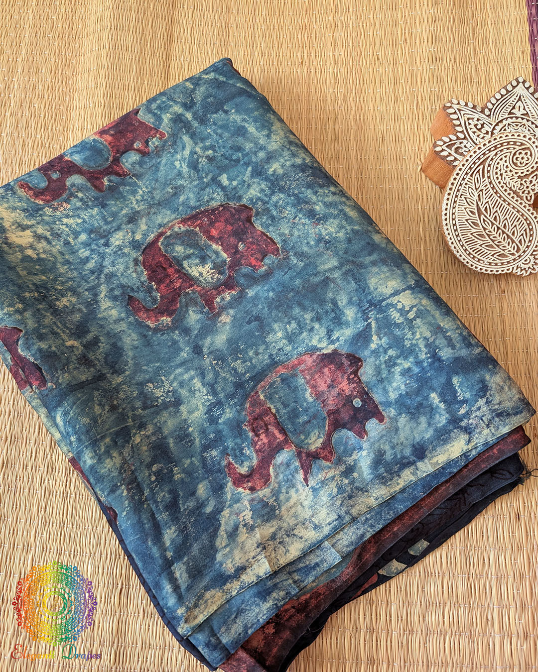 Indigo Blue Nashpal Pomegranate Ajrakh Modal Tussar Saree folded view