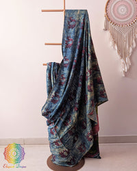 Indigo Blue Ajrakh Modal Tussar Saree draped with Nashpal Pomegranate dye