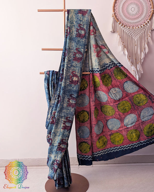 Open pallu view of Indigo Blue Nashpal Pomegranate Ajrakh Modal Tussar Saree