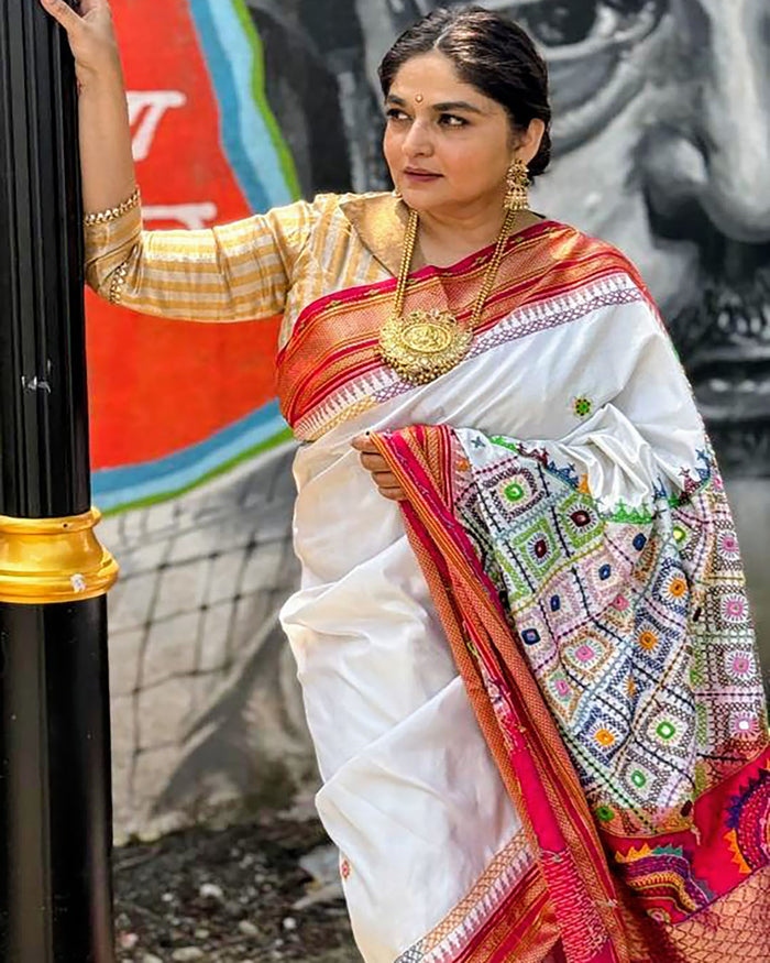 Indira Krishna ji in our pure ilkal silk handwork lambani saree