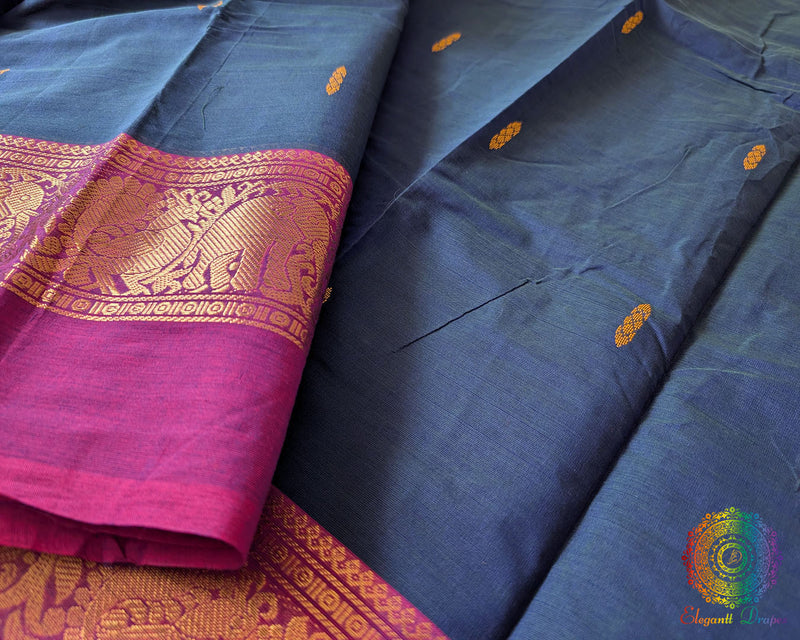 Ganga Jamuna border close up on ink blue Kanchi cotton saree showing contrast detail