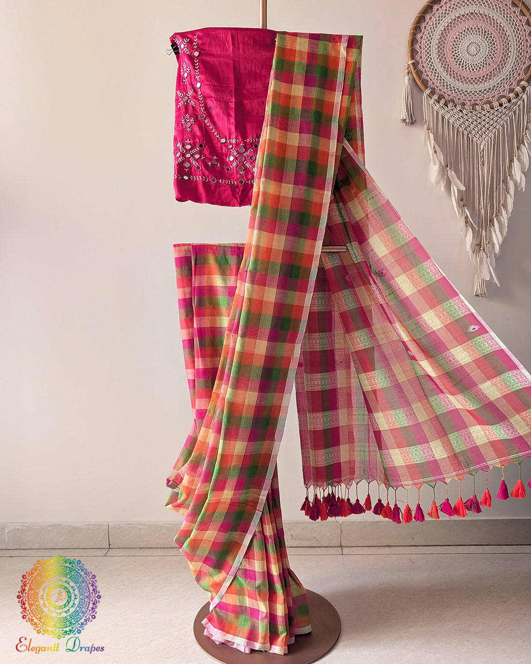 Pink Madras Checks Bengal Cotton Saree with Jamdani Palla