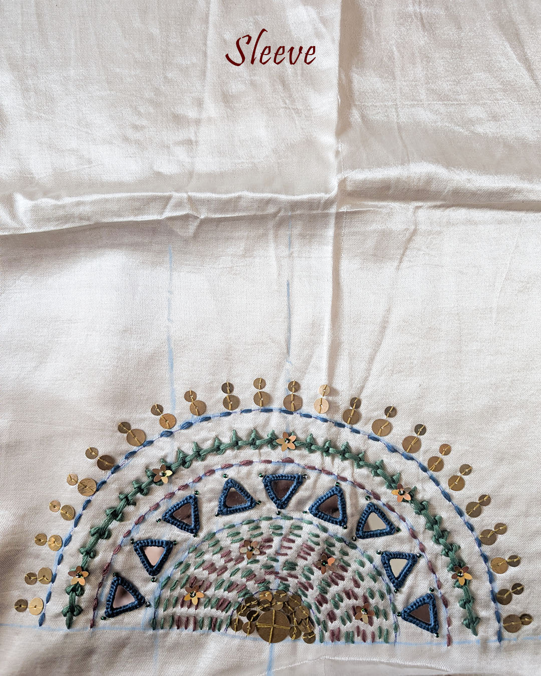 Sleeve Detail of Ivory White Mashru Silk Blouse with Kutch Handwork, Mirrors and Sequins