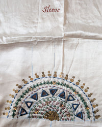 Sleeve Detail of Ivory White Mashru Silk Blouse with Kutch Handwork, Mirrors and Sequins