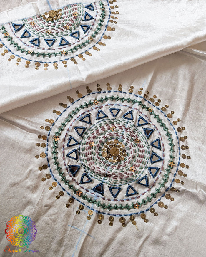 Ivory White Mashru Silk Kutch Handwork Blouse Front View with Mirror and Sequin Work