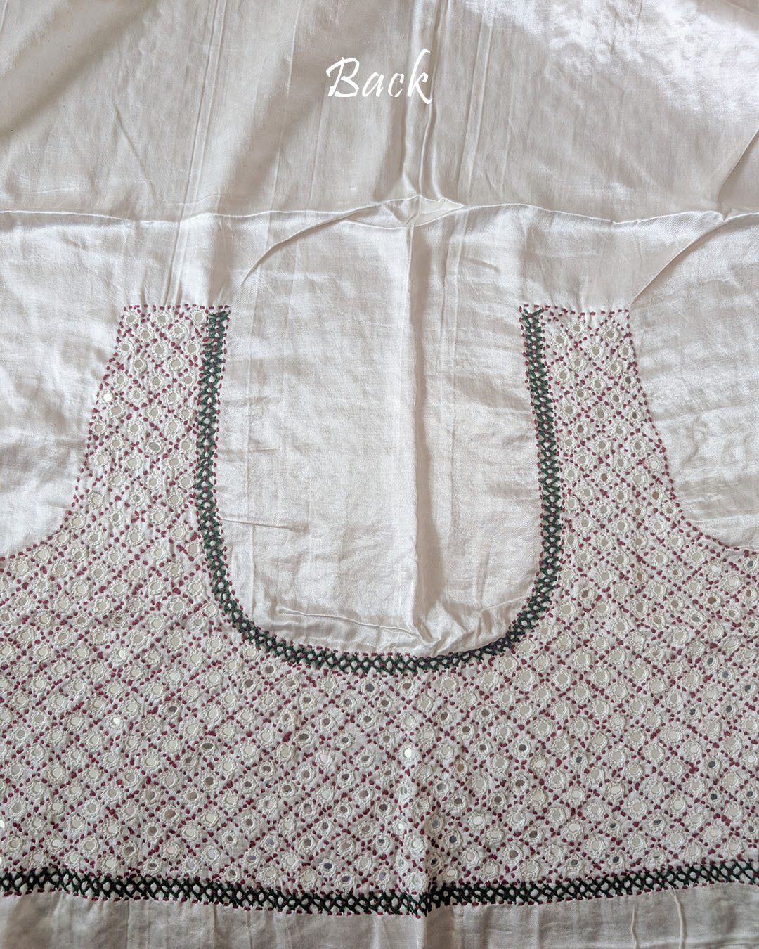 Back View of Ivory White Mashru Silk Kutch Mirror Work Blouse Piece