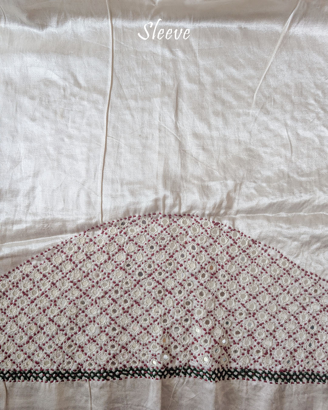 Sleeve Detail of Ivory White Mashru Silk Blouse with Kutch Mirror and Thread Work