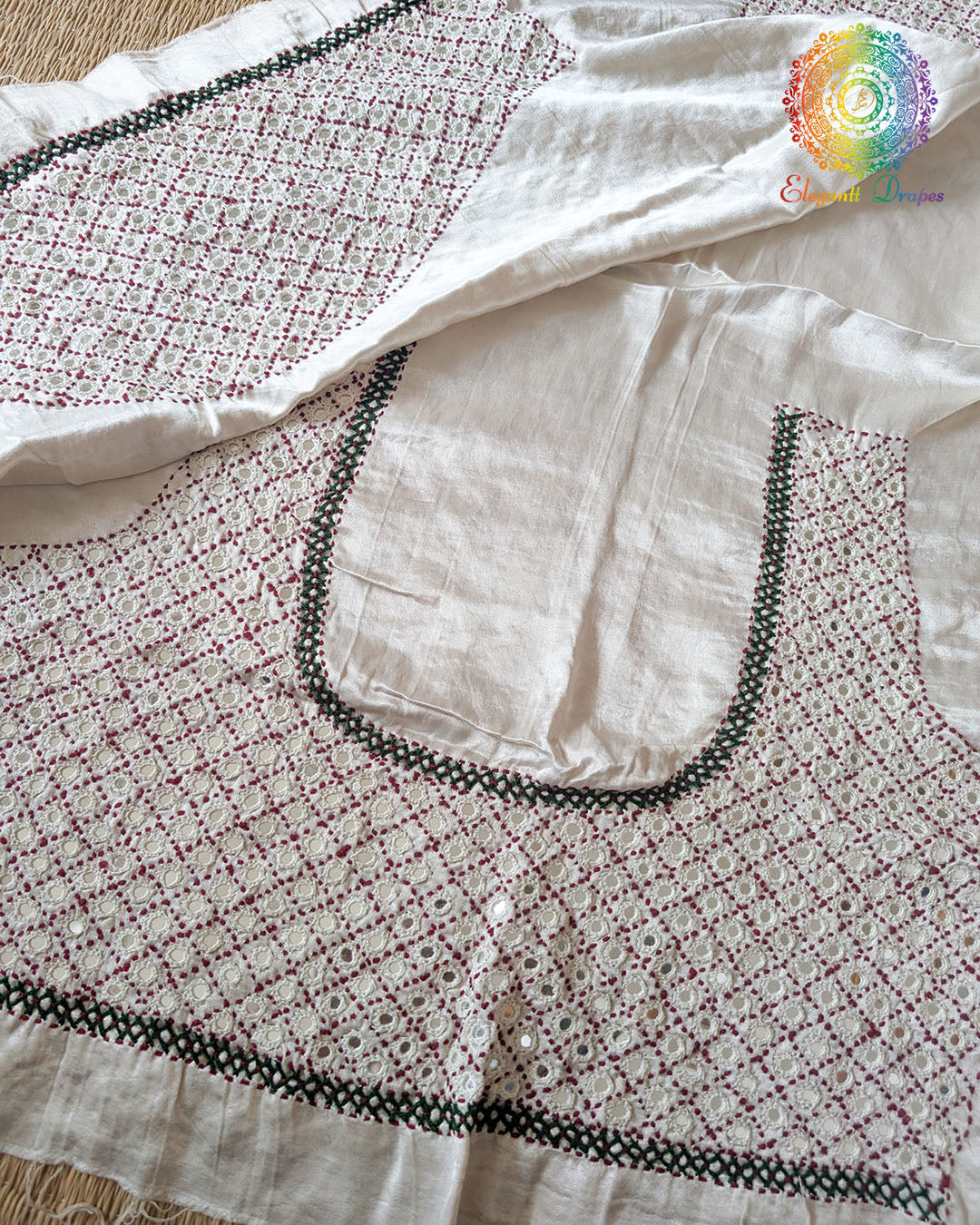 Ivory White Mashru Silk Kutch Mirror Work Blouse Front View with Thread Embroidery