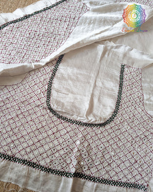 Ivory White Mashru Silk Kutch Mirror Work Blouse Front View with Thread Embroidery