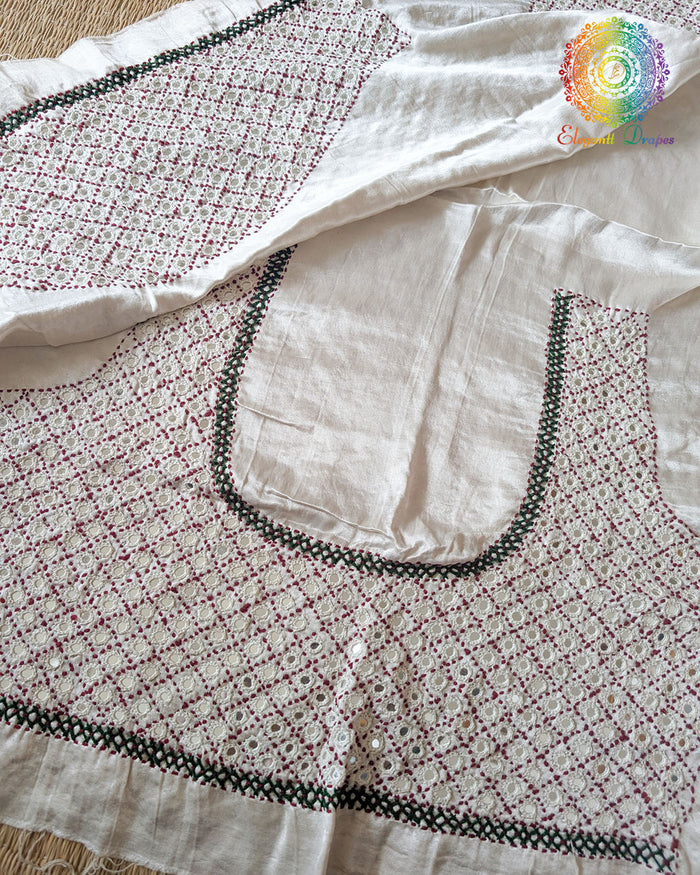 Ivory White Mashru Silk Kutch Mirror Work Blouse Front View with Thread Embroidery