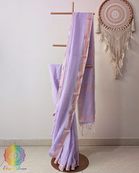 Lavender Bengal cotton saree with zari border on mannequin showing full drape