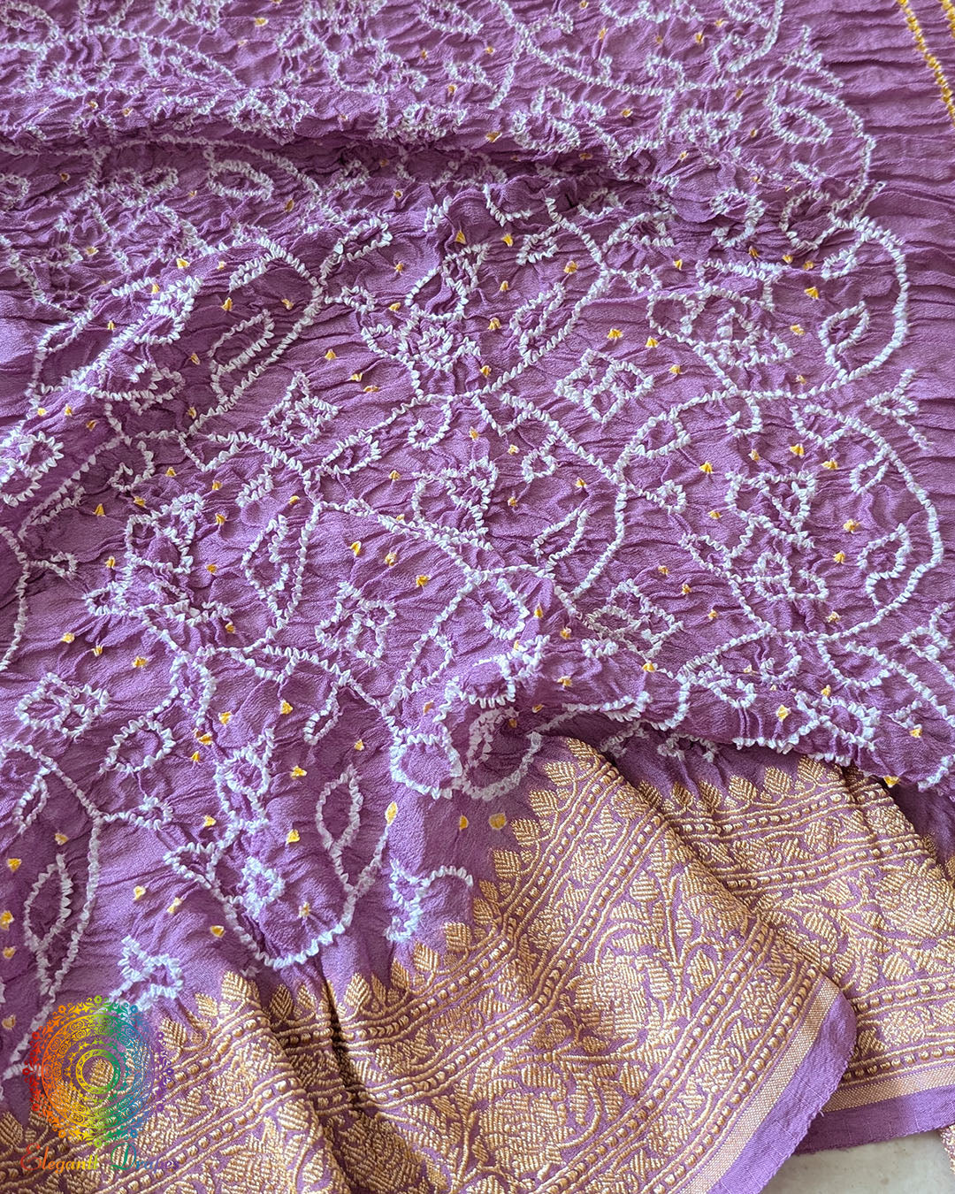 Close-up of Rai Bandhej detailing on Lavender Banarasi Khaddi Georgette Dupatta