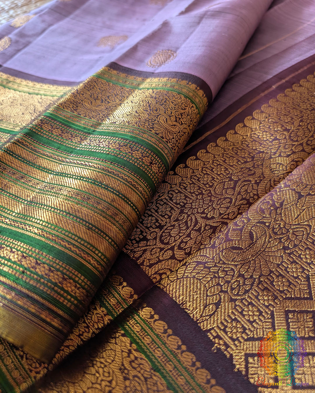 Close-up of 2-Gram Zari motifs on Lavender Green Kanjivaram Silk Saree