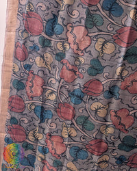 Close-up of authentic hand-painted Kalamkari artwork highlighting the rich texture and natural sheen of Lavender Grey Pure Tussar Silk dupatta