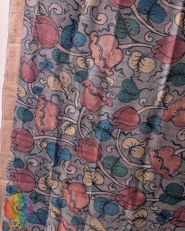 Close-up of authentic hand-painted Kalamkari artwork highlighting the rich texture and natural sheen of Lavender Grey Pure Tussar Silk dupatta
