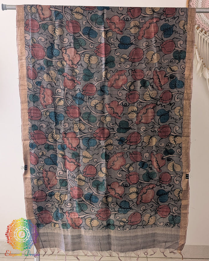 Lavender Grey Hand-Painted Kalamkari Pure Tussar Silk Dupatta showcasing traditional artisan painting and natural silk texture
