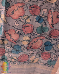 Close-up of intricate hand-painted Kalamkari motifs on Lavender Grey Pure Tussar Silk dupatta