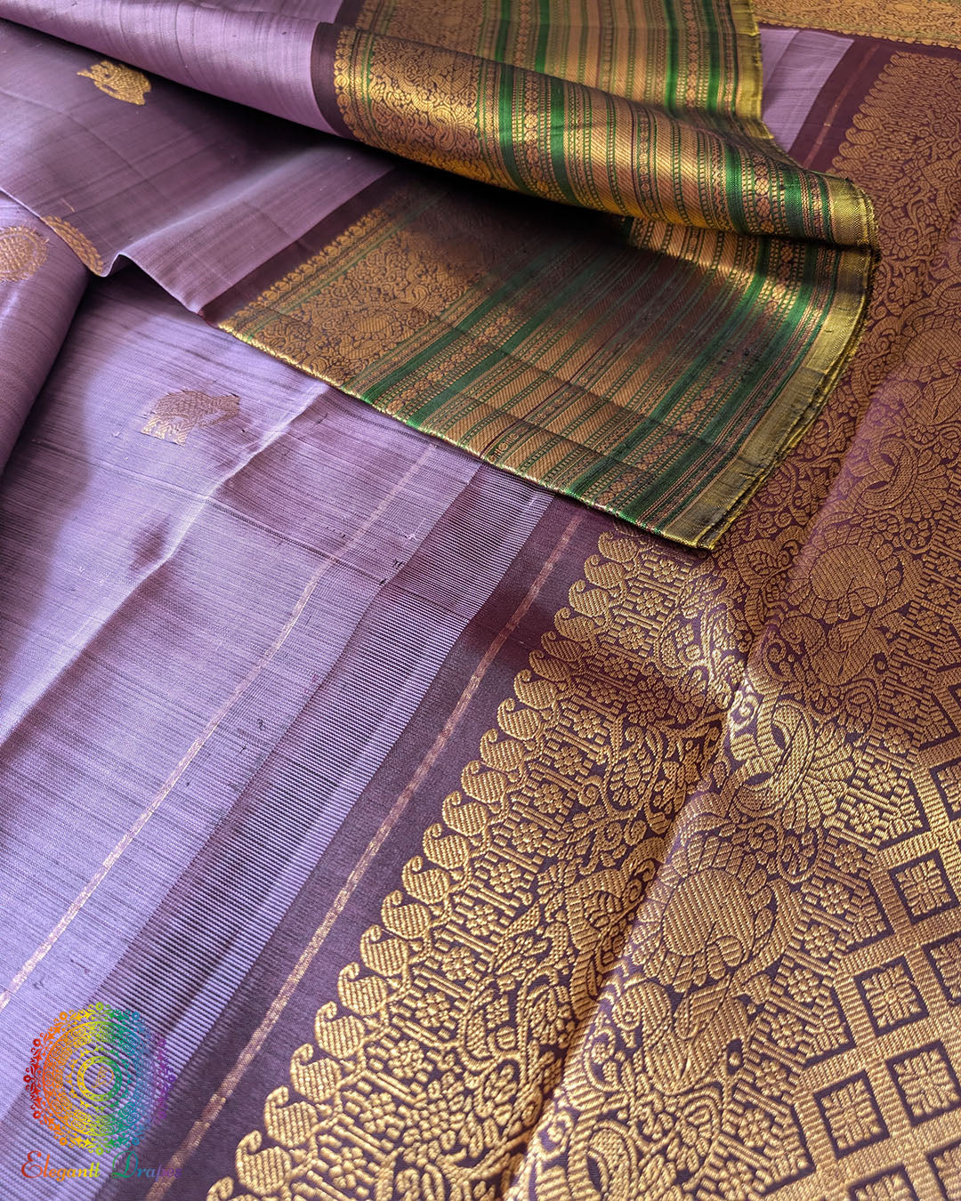 Close-up of traditional zari weaving on Lavender Green Kanjivaram Silk Saree