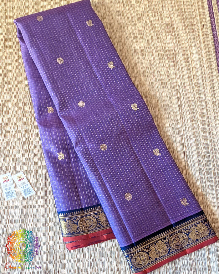 Lavender Purple Pure Kanjivaram Silk Saree folded view with 1-Gram zari detailing