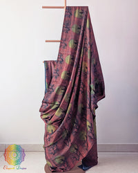 Lavender Nashpal Pomegranate Ajrakh Modal Tussar Silk Saree with the palla fully opened, showcasing the soft lavender colour and distinctive striped Ajrakh pattern.