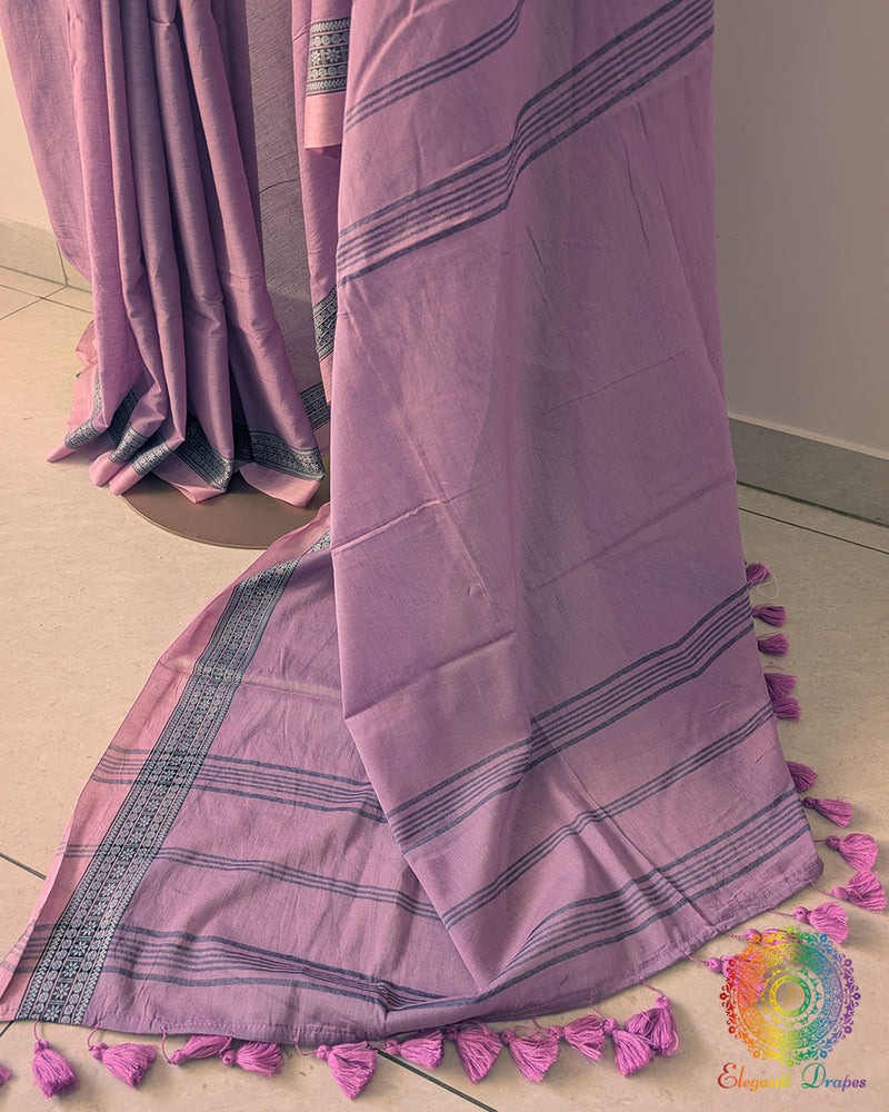 Lavender pink bengal cotton saree showing palla