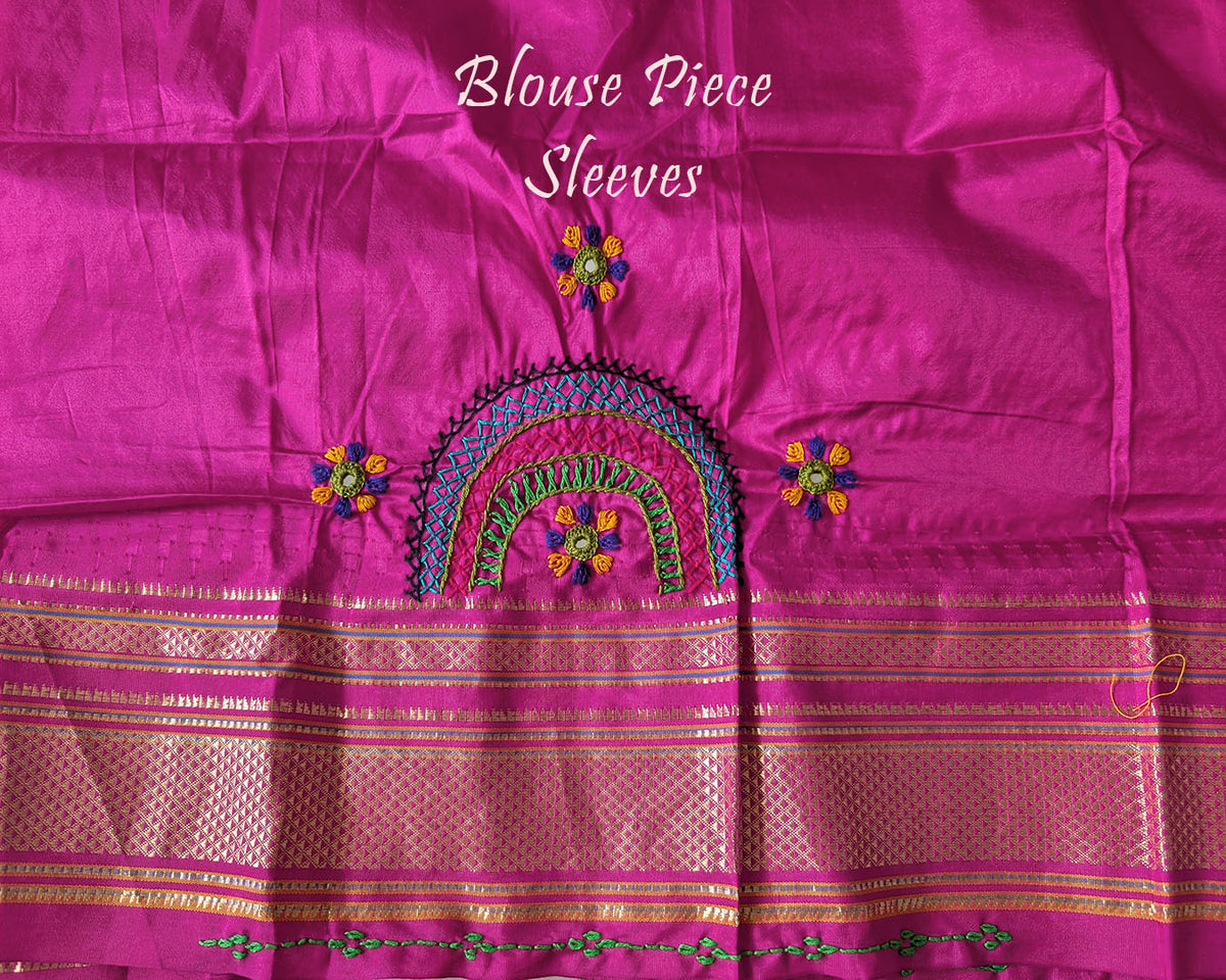 Blouse sleeve detail with Lambani embroidery on matching silk fabric