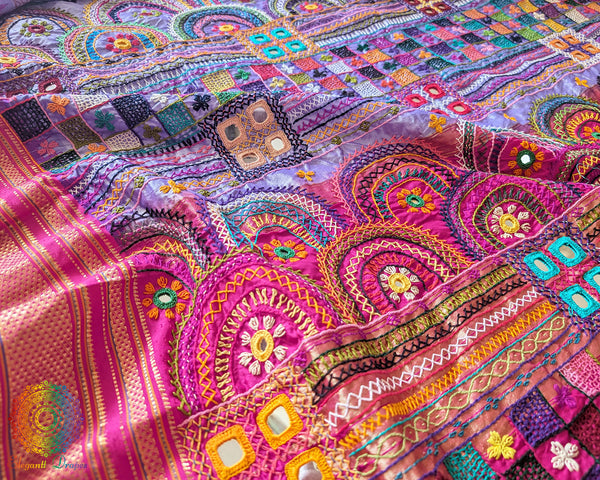 Lavender Lambani embroidered Ilkal silk saree full layout view with pink accents