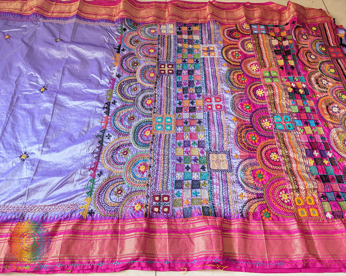 Traditional embroidered motif detail on lavender Ilkal silk saree