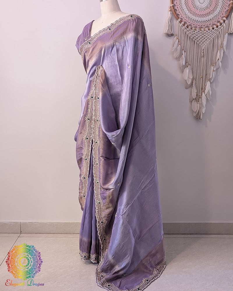 Lavender soft tissue silk cutdana handwork saree drape palla view