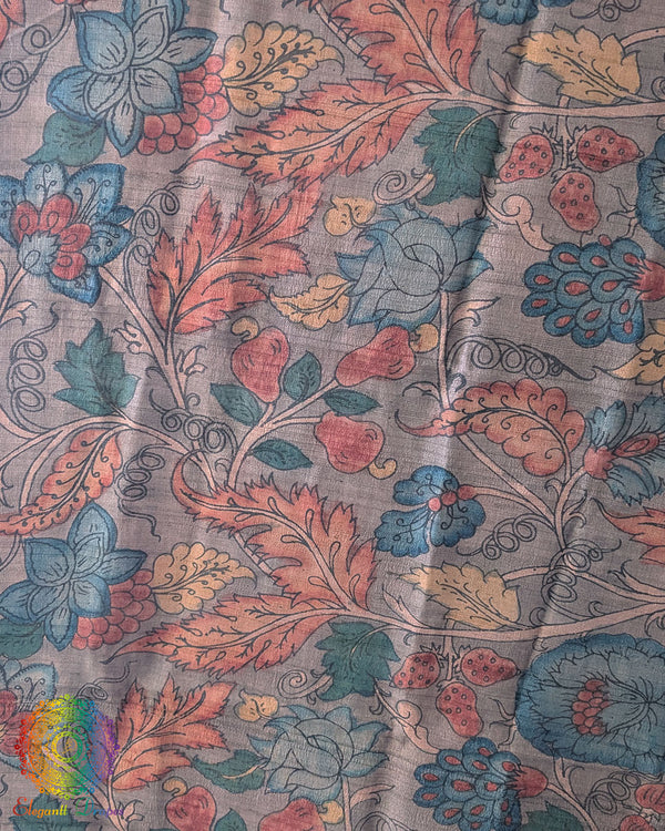 Close-up of intricate hand-painted Kalamkari motifs on Muted Grey Pure Tussar Silk dupatta