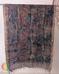 Muted Grey Hand-Painted Kalamkari Pure Tussar Silk Dupatta showcasing traditional artisan painting and natural silk texture