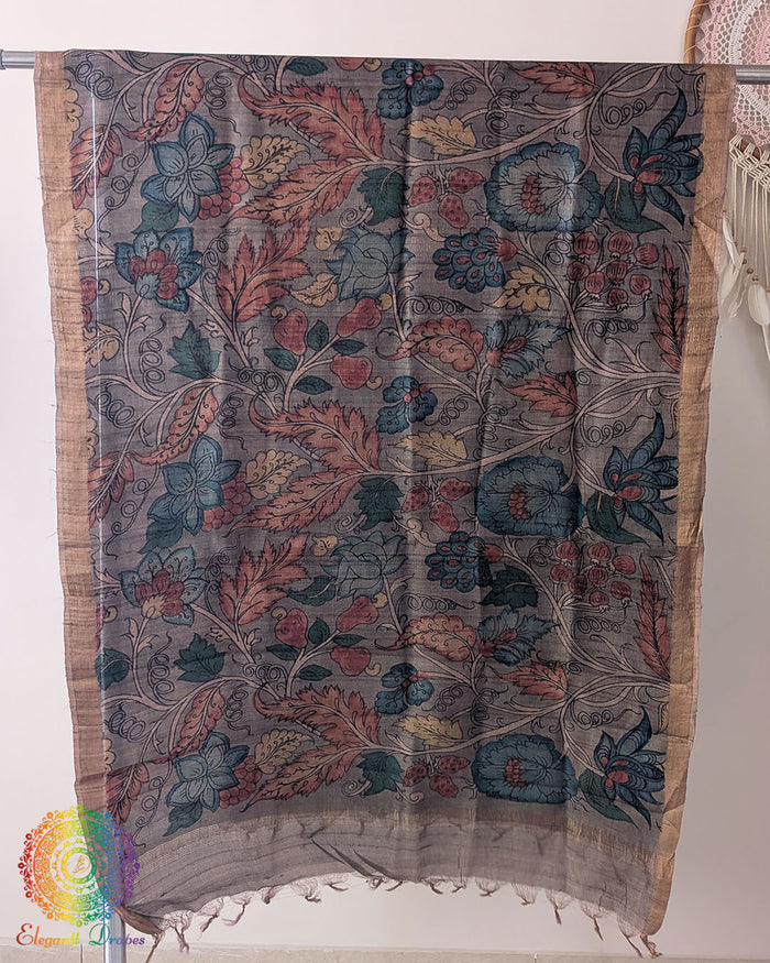 Muted Grey Hand-Painted Kalamkari Pure Tussar Silk Dupatta showcasing traditional artisan painting and natural silk texture
