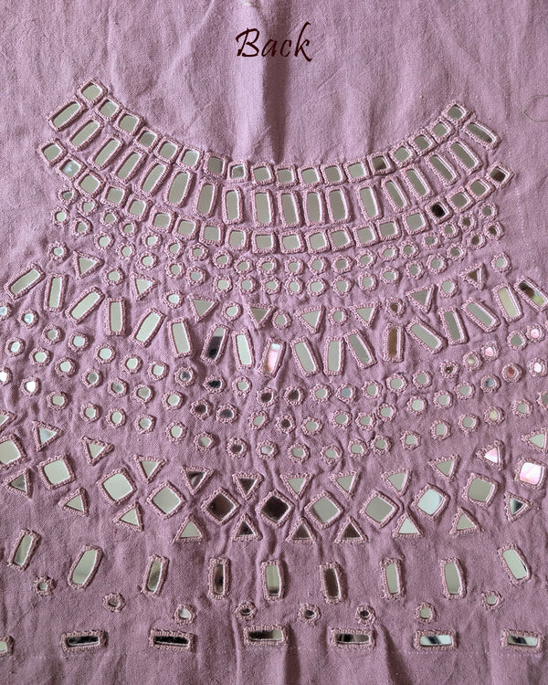 Back view of the Lilac Kala Cotton Kutch Mirror Handwork blouse piece, showcasing intricate Kutch embroidery and real mirrors arranged in a decorative handcrafted design.