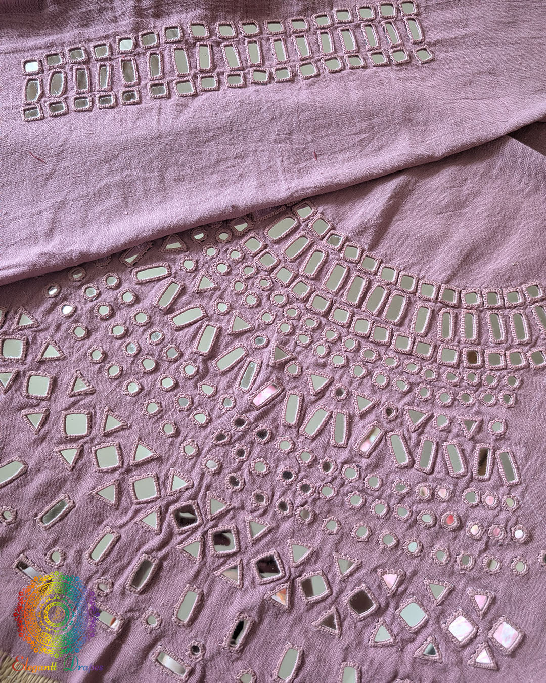 Lilac Kala Cotton Kutch Mirror Handwork blouse piece featuring traditional thread embroidery and real mirror embellishments, designed for customised ethnic blouse stitching.