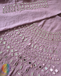 Lilac Kala Cotton Kutch Mirror Handwork blouse piece featuring traditional thread embroidery and real mirror embellishments, designed for customised ethnic blouse stitching.