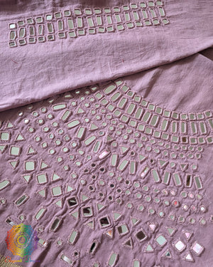 Lilac Kala Cotton Kutch Mirror Handwork blouse piece featuring traditional thread embroidery and real mirror embellishments, designed for customised ethnic blouse stitching.