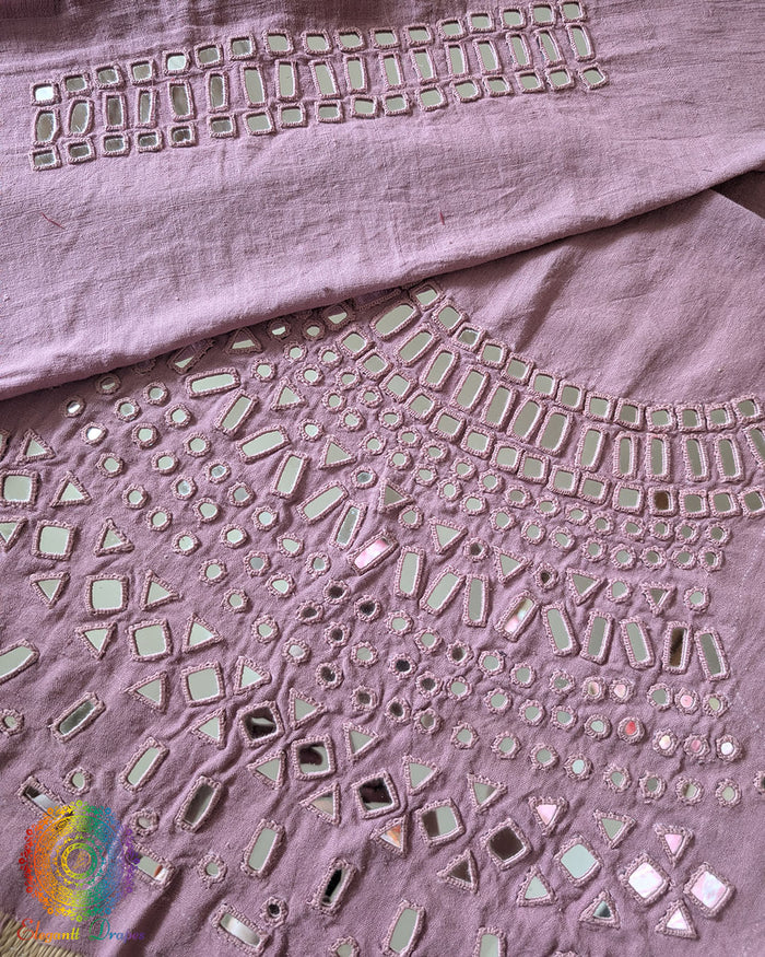 Lilac Kala Cotton Kutch Mirror Handwork blouse piece featuring traditional thread embroidery and real mirror embellishments, designed for customised ethnic blouse stitching.