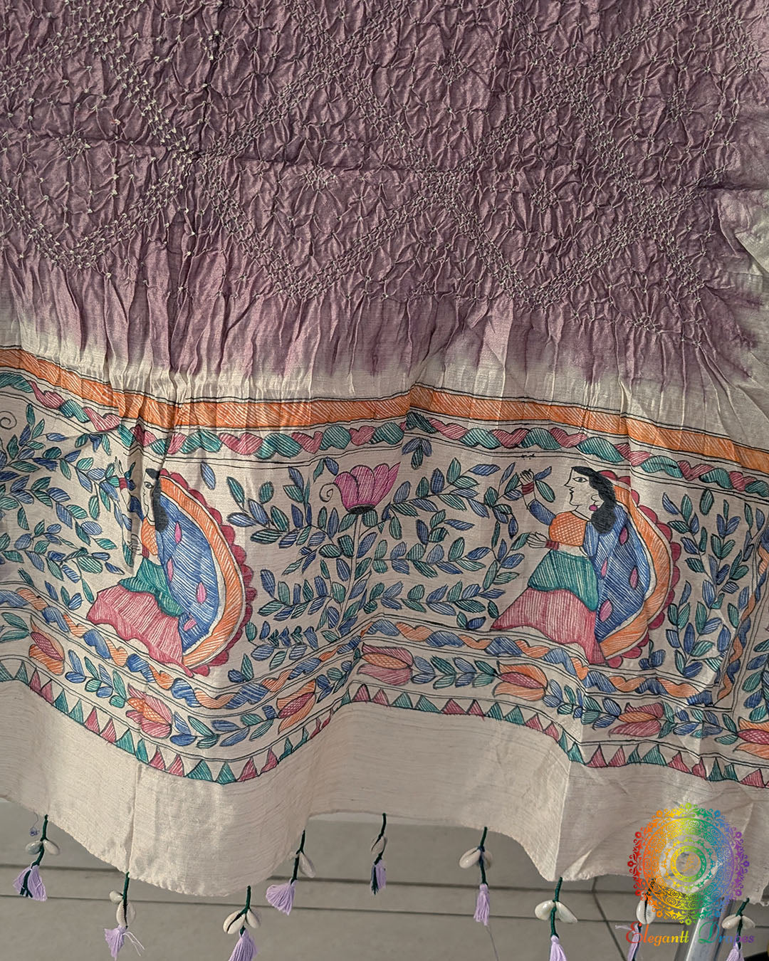 Close-up of the hand-painted Madhubani artwork on the Lilac Muga Silk Dupatta