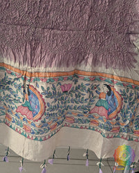 Close-up of the hand-painted Madhubani artwork on the Lilac Muga Silk Dupatta