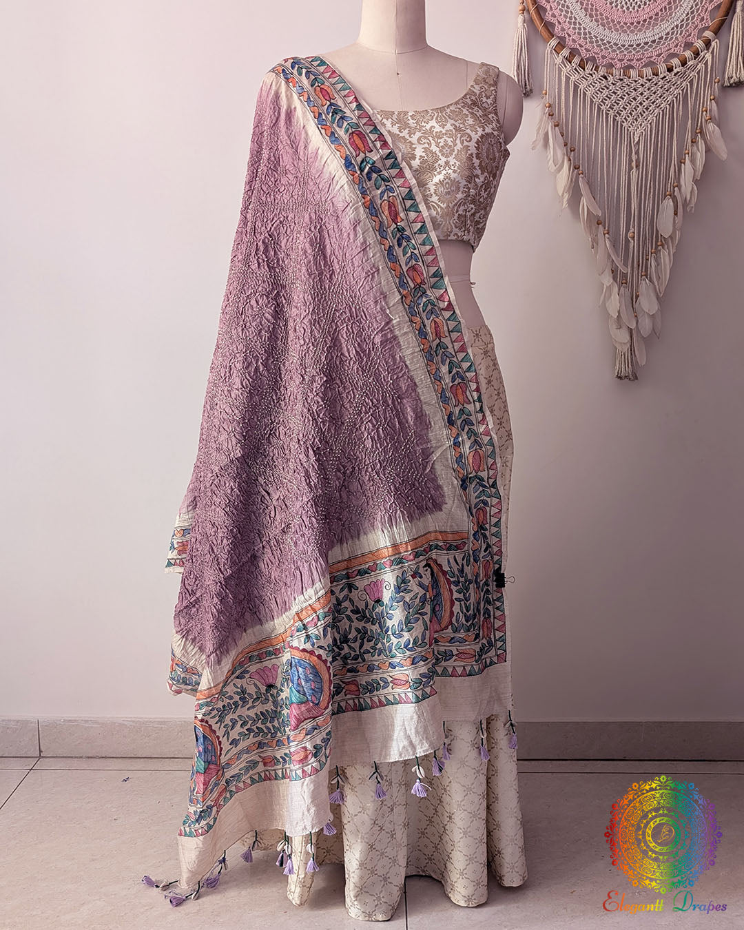 Lilac Bandhani Madhubani Muga Silk Dupatta full draped view